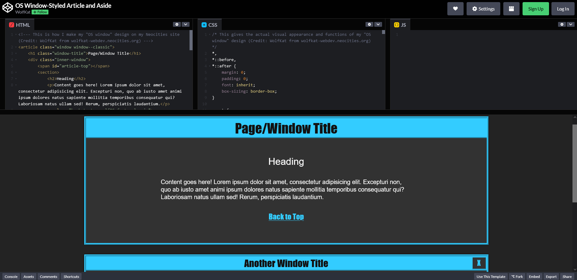Screenshot of Codepen page