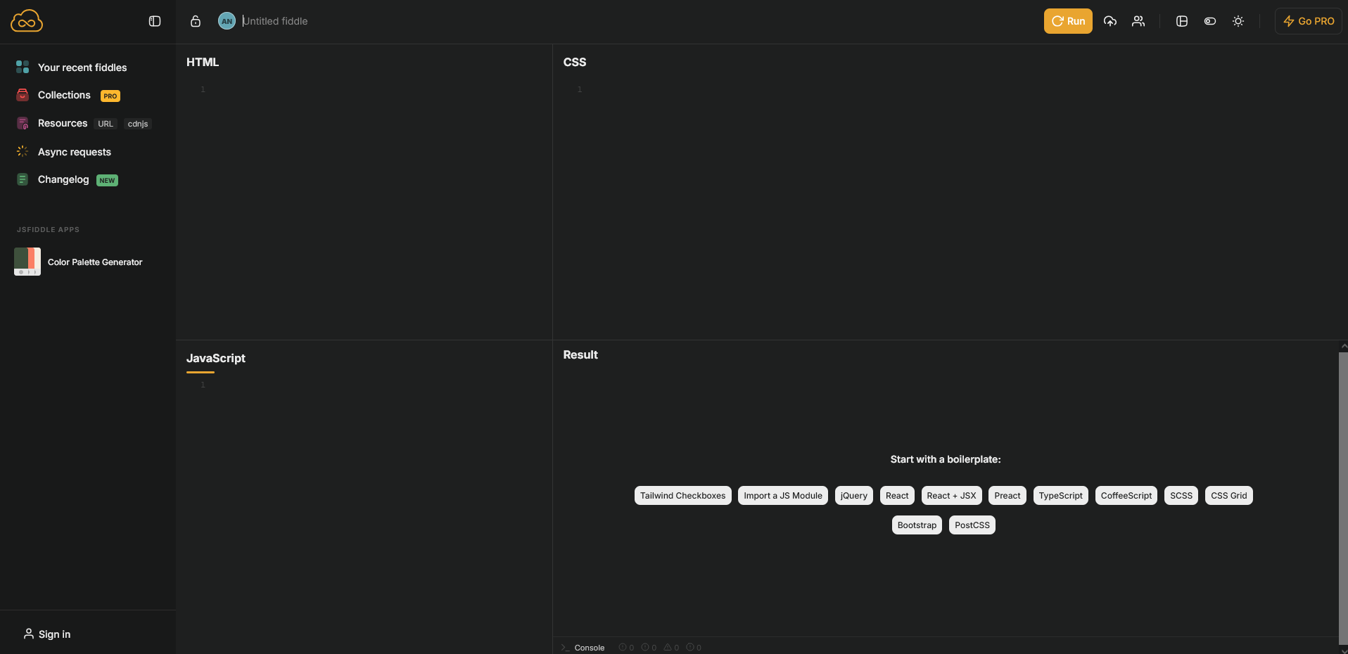 Screenshot of JSFiddle page
