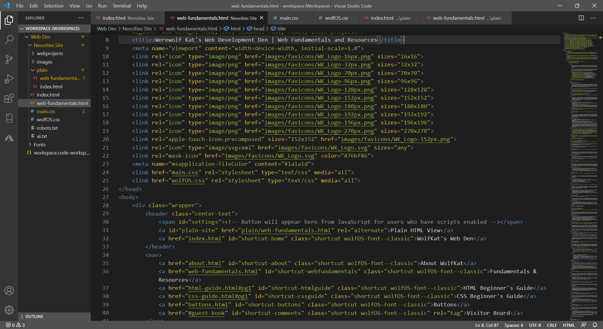 Screenshot of Visual Studio Code open with an HTML file